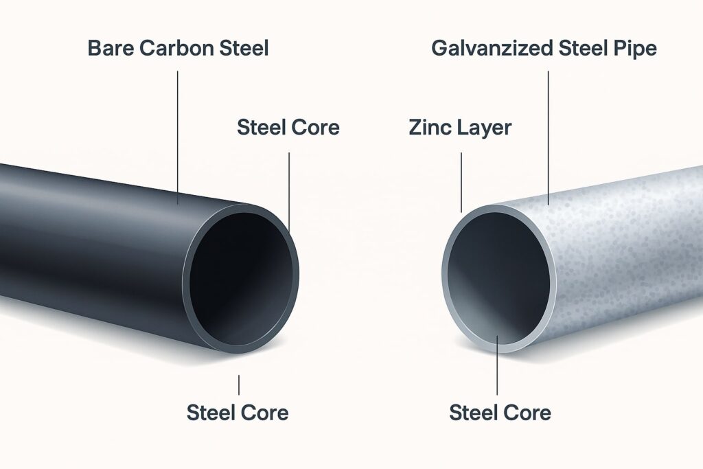 Perbedaan visual pipa besi hitam dan pipa galvanis di area proyek konstruksi.