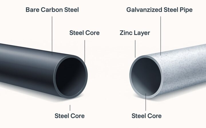Perbedaan visual pipa besi hitam dan pipa galvanis di area proyek konstruksi.