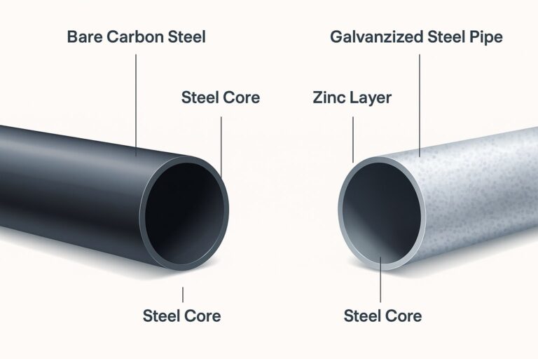 Perbedaan visual pipa besi hitam dan pipa galvanis di area proyek konstruksi.
