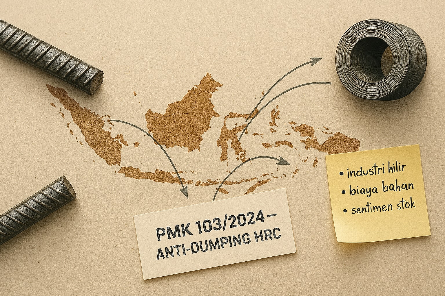 Gudang baja dengan besi beton dan coil HRC, supervisor memegang catatan “BMAD HRC 2025–2030”.