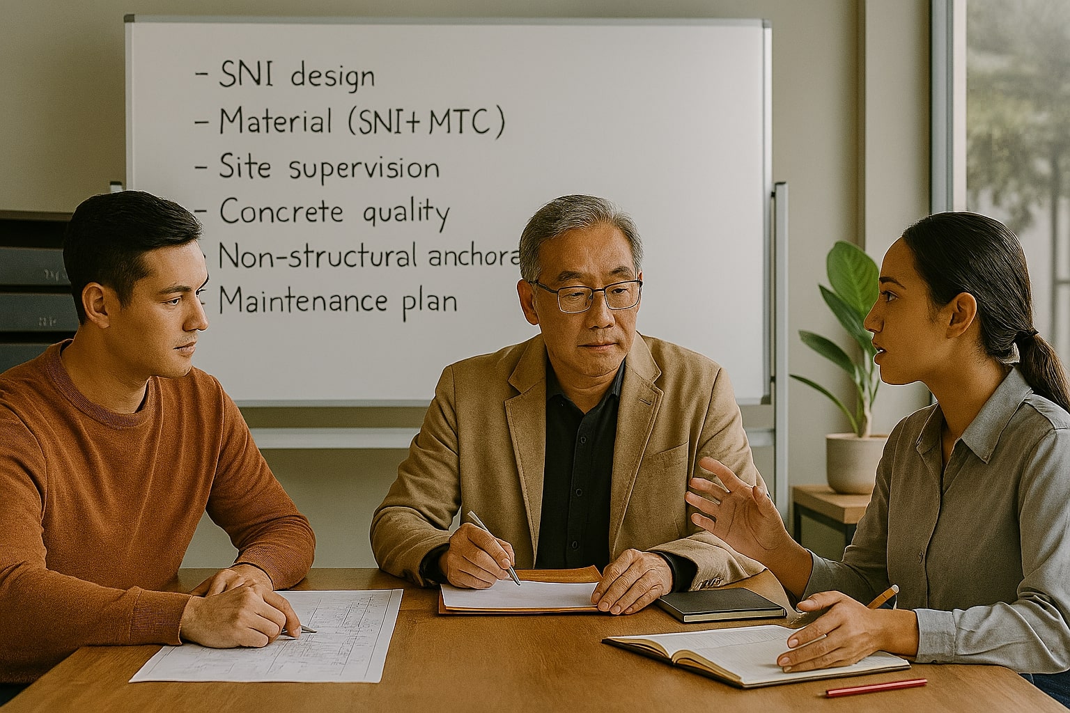 Gudang besi: tumpukan baja WF dan tulangan berlabel SNI rapi, staf memeriksa dokumen MTC sebelum pengiriman.