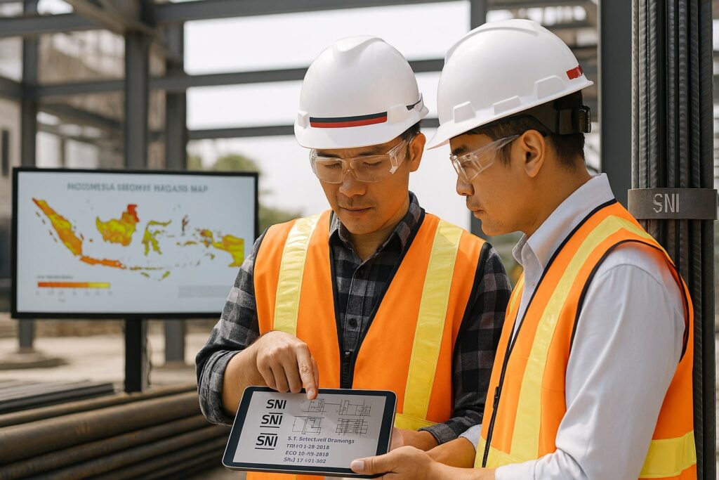 Pekerja konstruksi dan insinyur meninjau struktur baja WF dan beton bertulang berstandar SNI di Indonesia dengan peta bahaya gempa di layar.