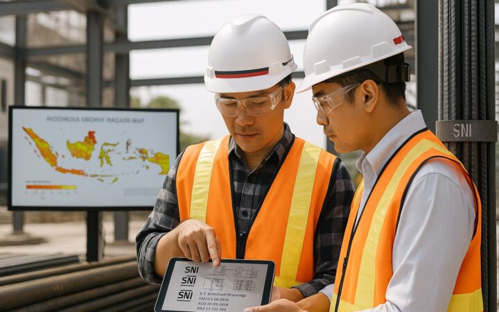 Pekerja konstruksi dan insinyur meninjau struktur baja WF dan beton bertulang berstandar SNI di Indonesia dengan peta bahaya gempa di layar.