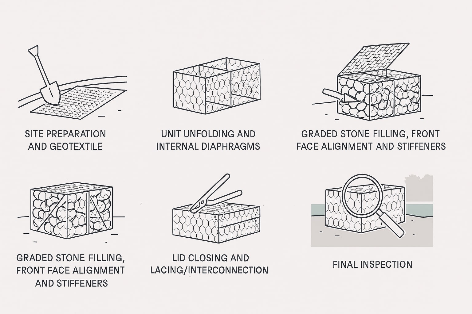 Storyboard lima tahap pemasangan bronjong: persiapan, perakitan, isi batu, penutupan, dan inspeksi akhir.