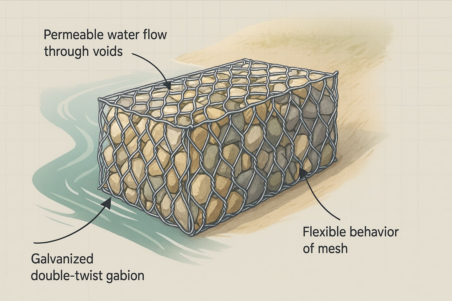 Ilustrasi gabion box: anyaman heksagonal double twist diisi batu, memperlihatkan aliran air dan fleksibilitas.