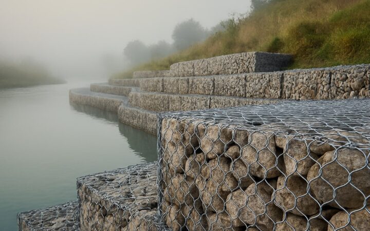 Proteksi tebing sungai memakai kawat bronjong galvanis bertingkat dengan isian batu gradasi.